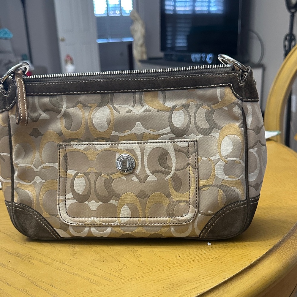 Coach Brown and Tan Signature Shoulder Bag